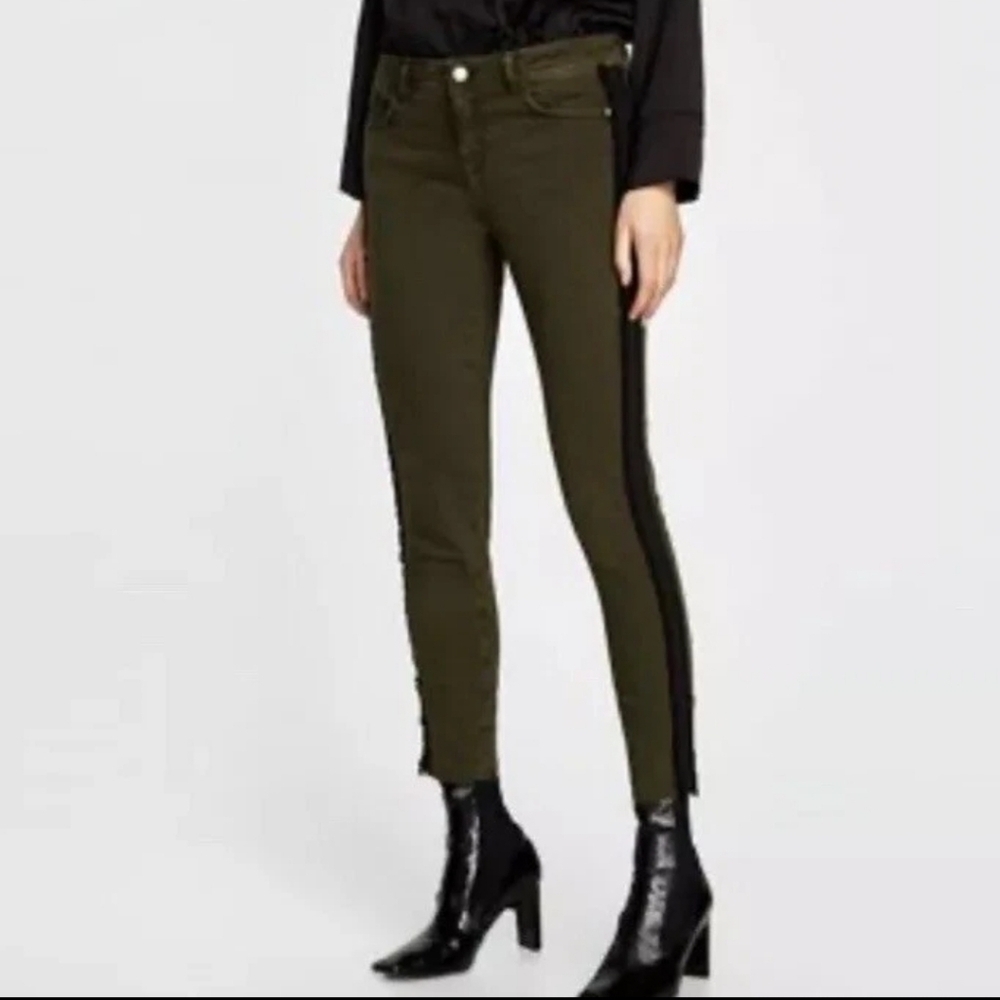NWT Frame Denim Olive Green Le High Skinny Jeans with Black Side Panels Size 27